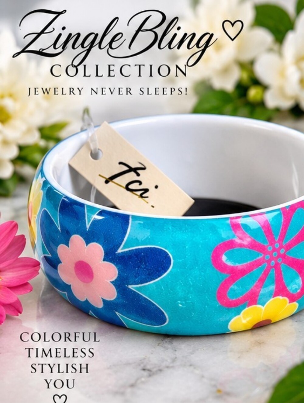 JCI NWT Aqua Blue Floral Wide Bangle Bracelet Retro Mod Statement Jewelry